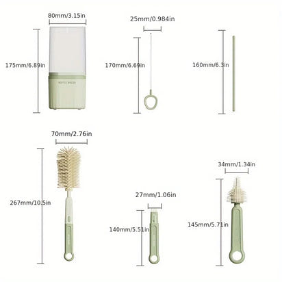 Baby Silicone Bottle Brush Portable Straight Handle Cleaning Tool Set 360° Rotating Drying Rack Combination Bottle Washing Brush