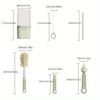 Baby Silicone Bottle Brush Portable Straight Handle Cleaning Tool Set 360° Rotating Drying Rack Combination Bottle Washing Brush